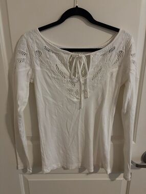 Free People With Love Crochet Tee Thermal Tie Neck Bodycon Blouse Top, Large